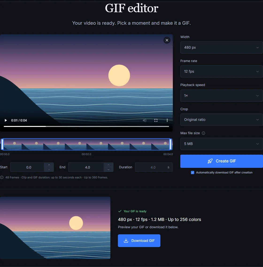GIF Downloader settings with a 480 px width, 12 fps, and Max file size set to 5 MB.